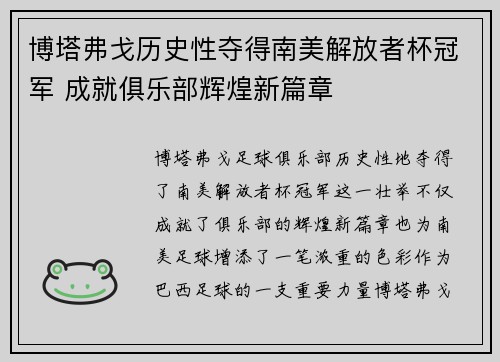 博塔弗戈历史性夺得南美解放者杯冠军 成就俱乐部辉煌新篇章