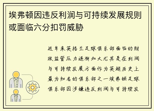 埃弗顿因违反利润与可持续发展规则或面临六分扣罚威胁